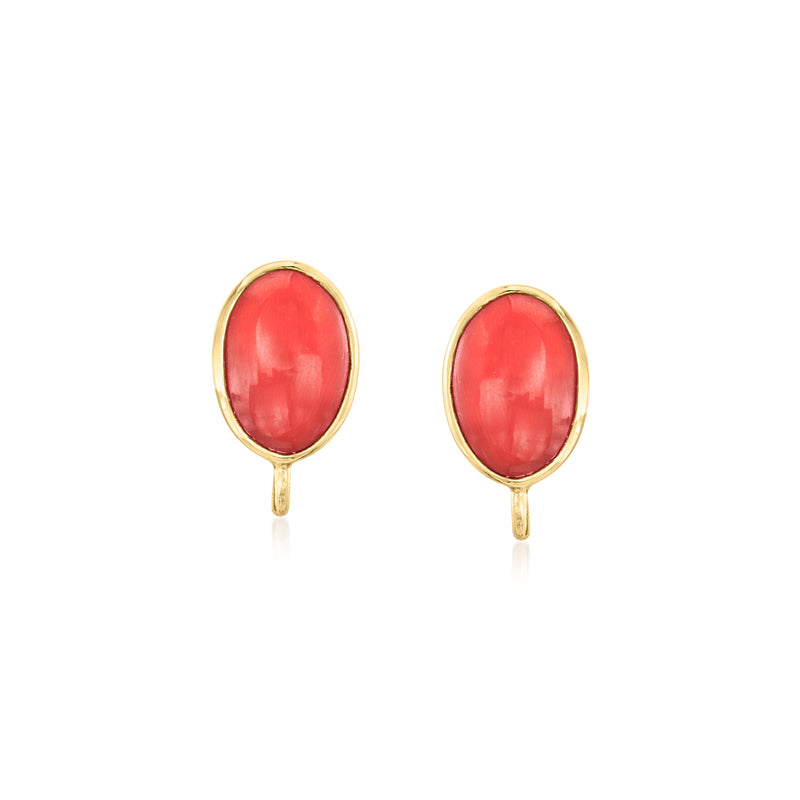 Vintage coral oval clip earrings in 14kt yellow gold, red stone cabochon