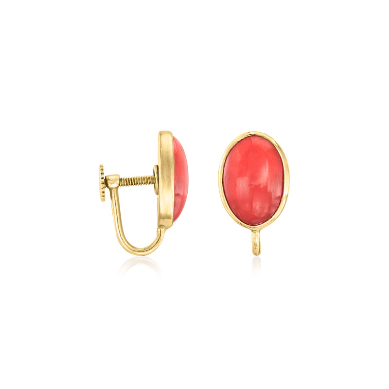 Vintage coral oval clip earrings in 14kt yellow gold, side view with clasp