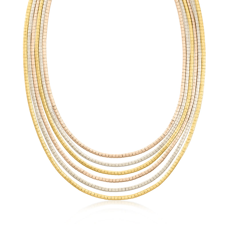 Tri-colored gold multi-strand omega necklace with layered chain rows
