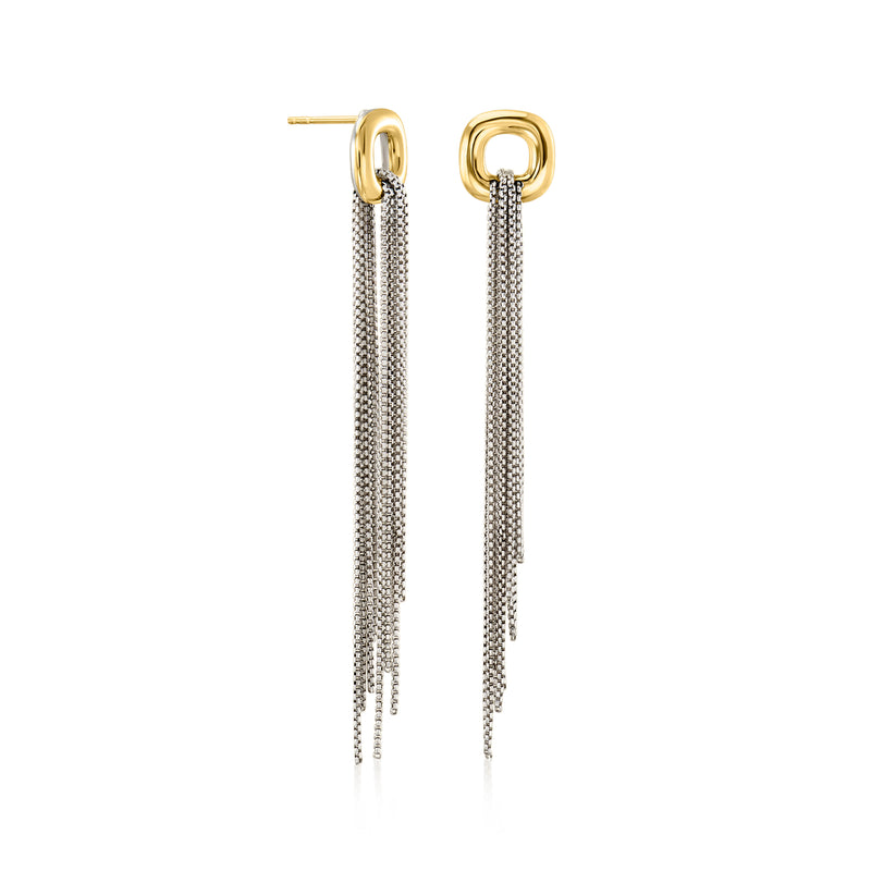 Yellow gold and sterling silver tassel drop earrings with chain fringe