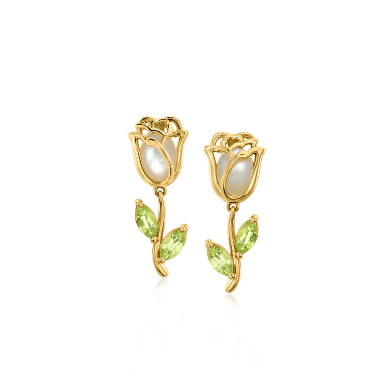 Gold drop earrings with mother-of-pearl and green peridot flower stones