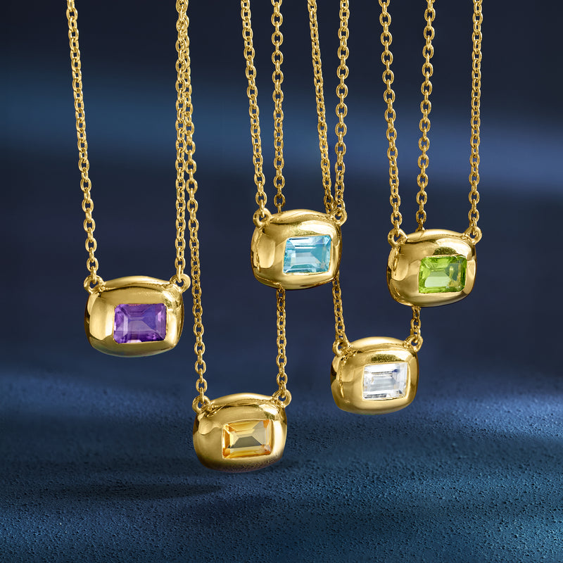 Gold over sterling framed birthstone necklace set with assorted square gemstones