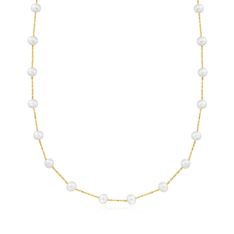 Cultured pearl station necklace with round white pearls on yellow gold chain
