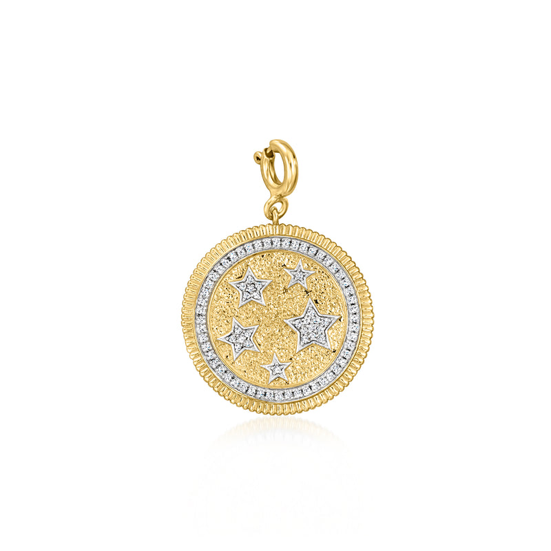 Gold-tone star medallion charm with round bezel and sparkling star pattern