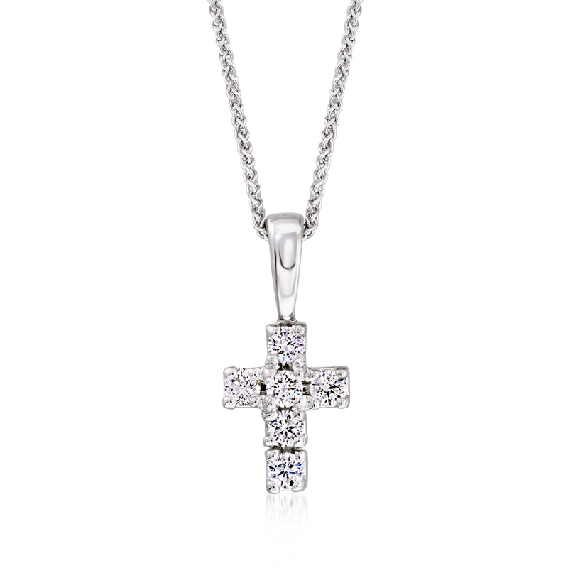 Vintage diamond cross pendant necklace in 14kt white gold, prong-set round stones