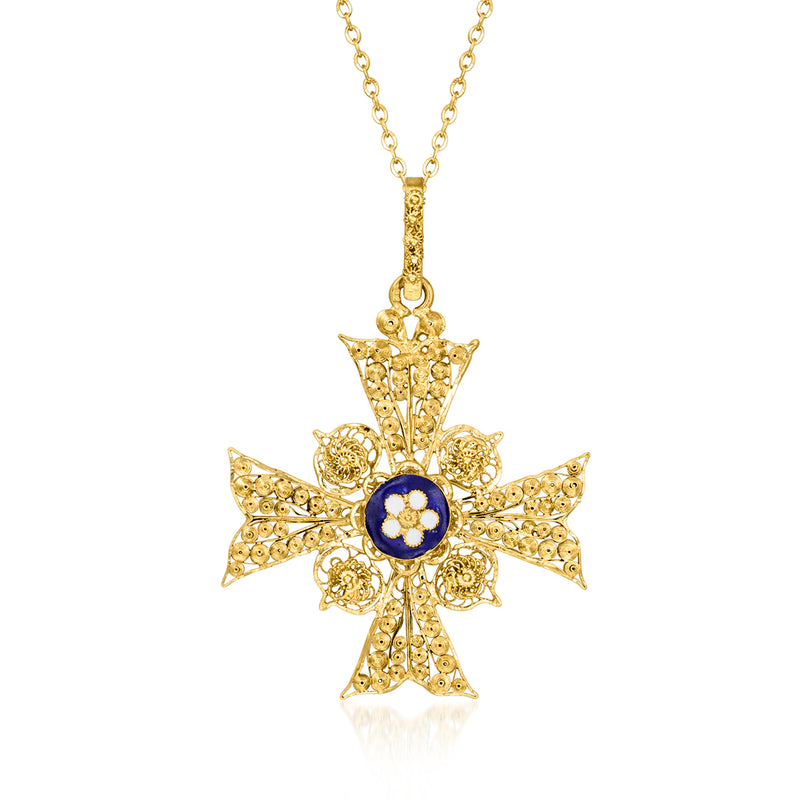 Vintage gold pendant necklace with blue enamel flower cross and white center detail