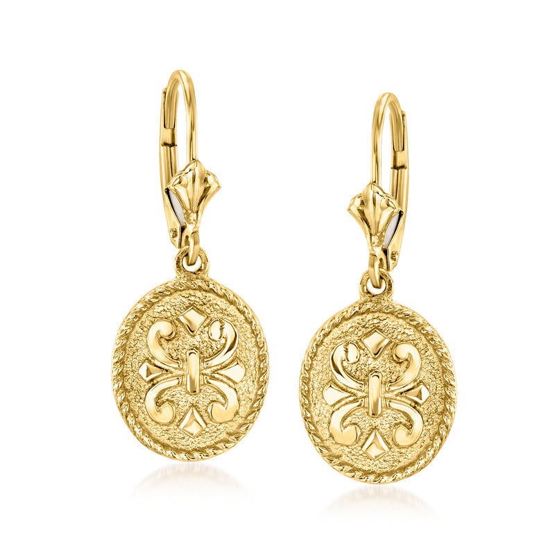 Vintage 14kt yellow gold disc drop earrings with leverback, round floral motif