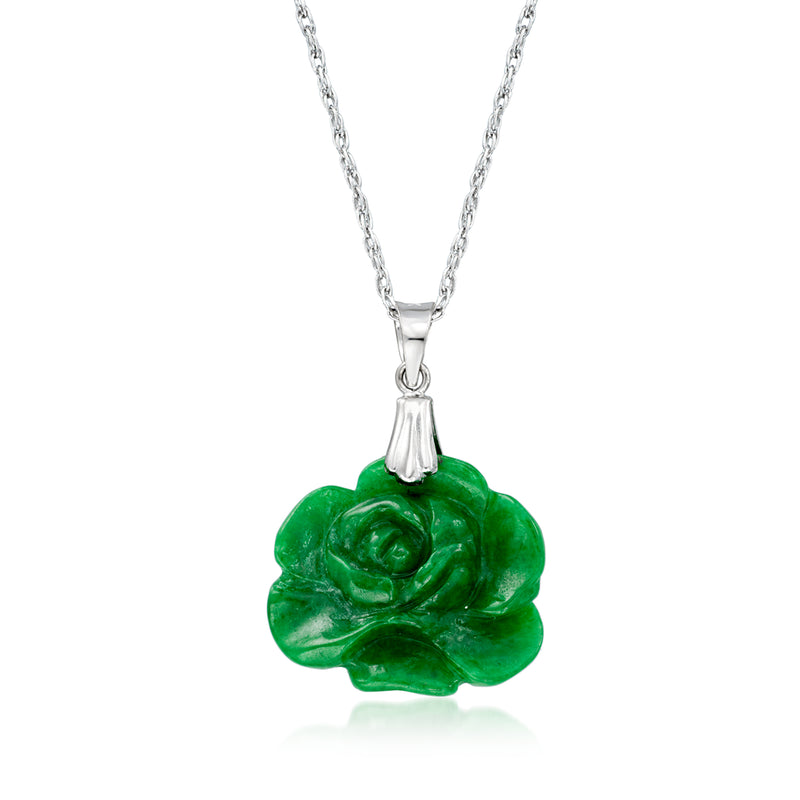 Jade green rose pendant necklace with white gold chain and teardrop bail