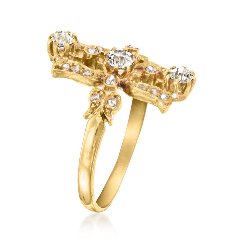 Vintage yellow gold diamond cluster ring, side view with round stones