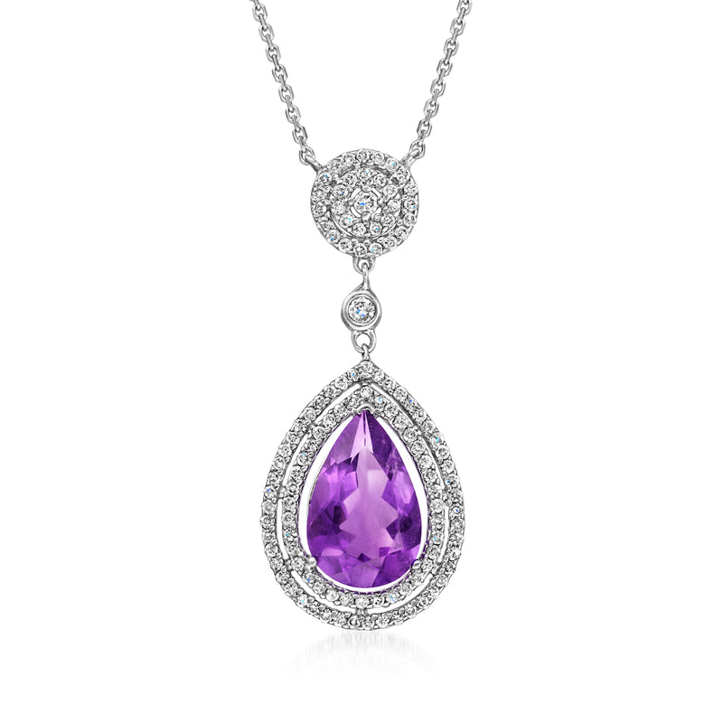 Amethyst teardrop pendant necklace with diamond halo and 14kt white gold chain