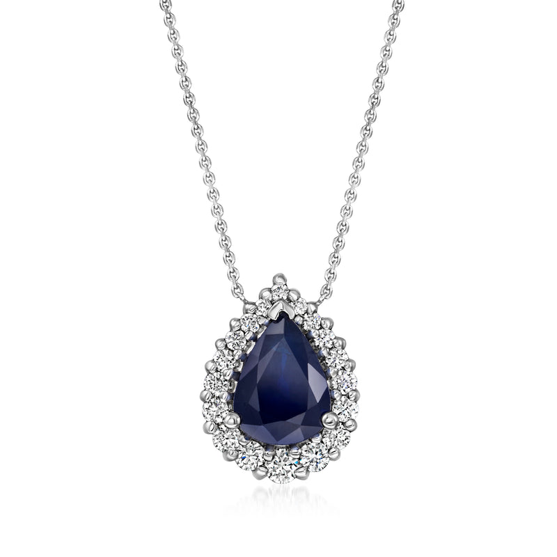 Sapphire and diamond teardrop pendant necklace in 14kt white gold, on silver chain