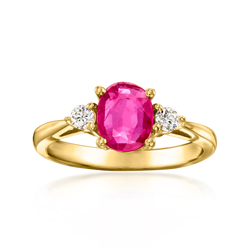 18kt yellow gold oval ruby ring with side diamond accents, raised prong setting