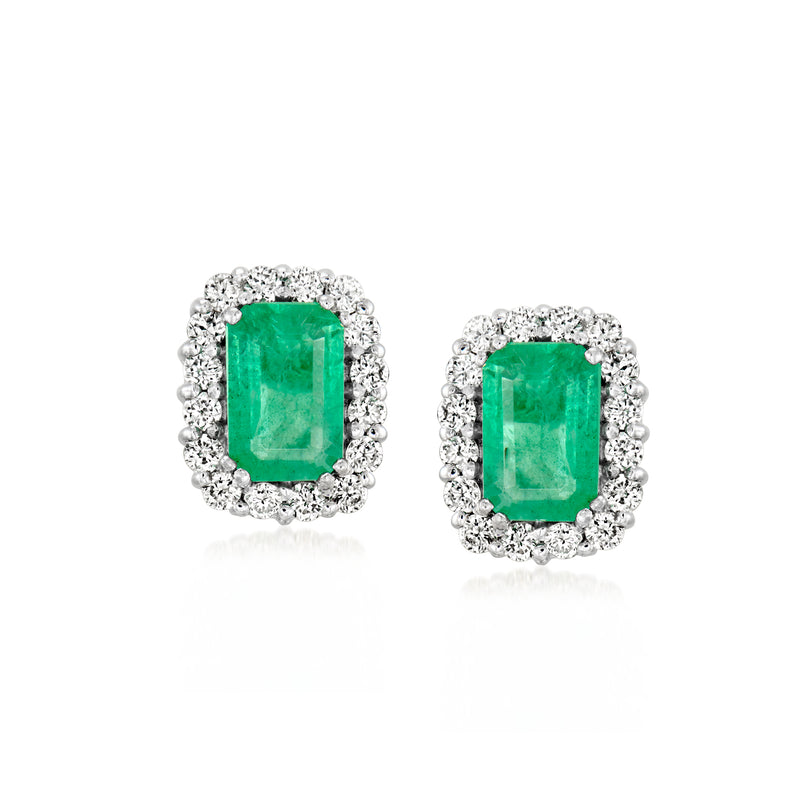 Square emerald-green gemstone stud earrings in diamond halo, 14kt white gold posts