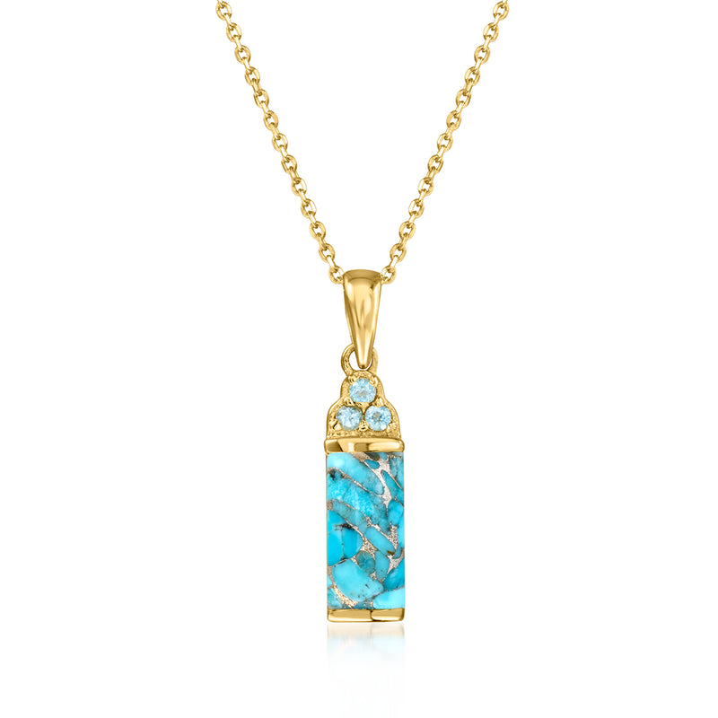 Turquoise pendant necklace with gold chain and blue gemstone square centerpiece