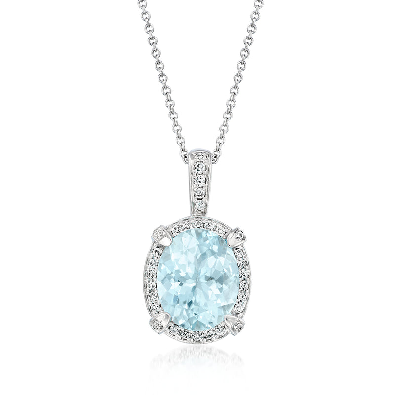 Aquamarine oval pendant necklace with diamond halo on 14kt white gold chain
