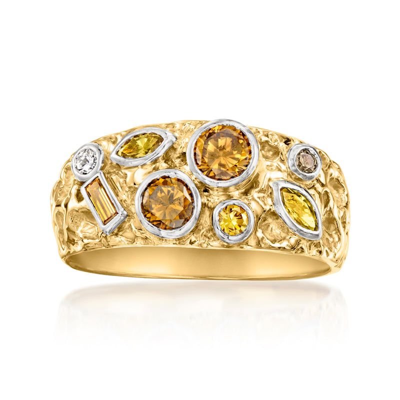 Vintage multicolored diamond ring in 14kt yellow gold, oval and round mixed stones.