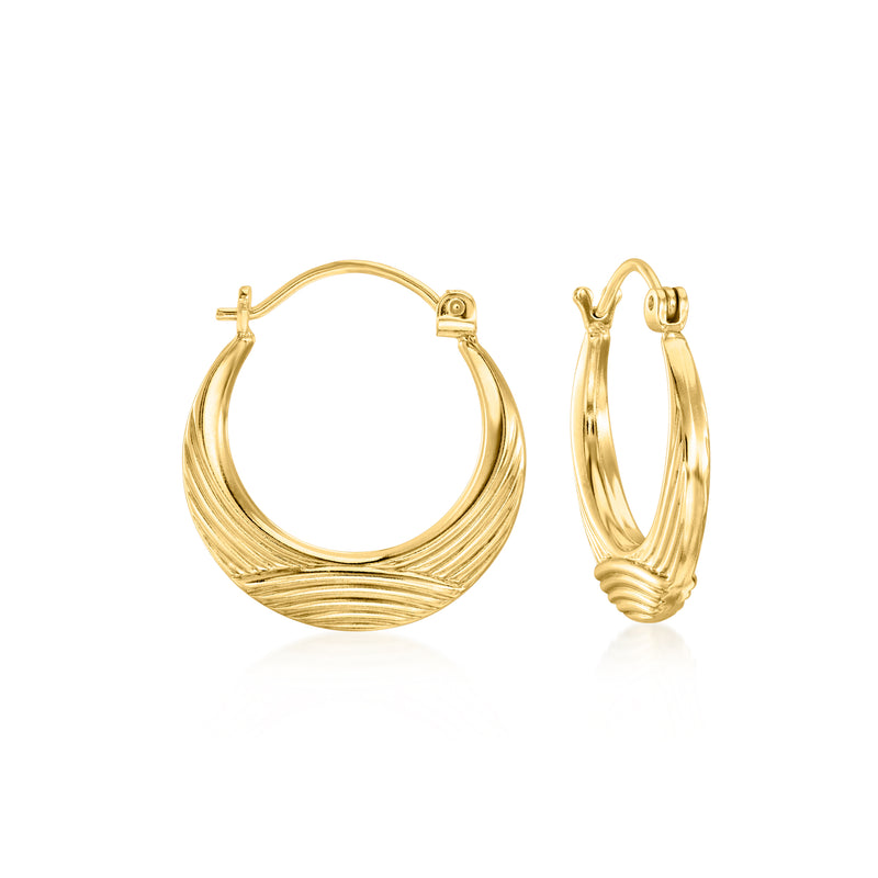 18kt yellow gold etched hoop earrings with secure clasp, curved ribbed design