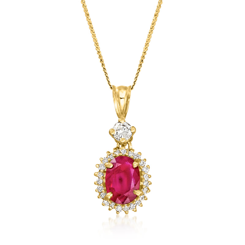 14kt yellow gold ruby and diamond pendant necklace with oval ruby centerpiece