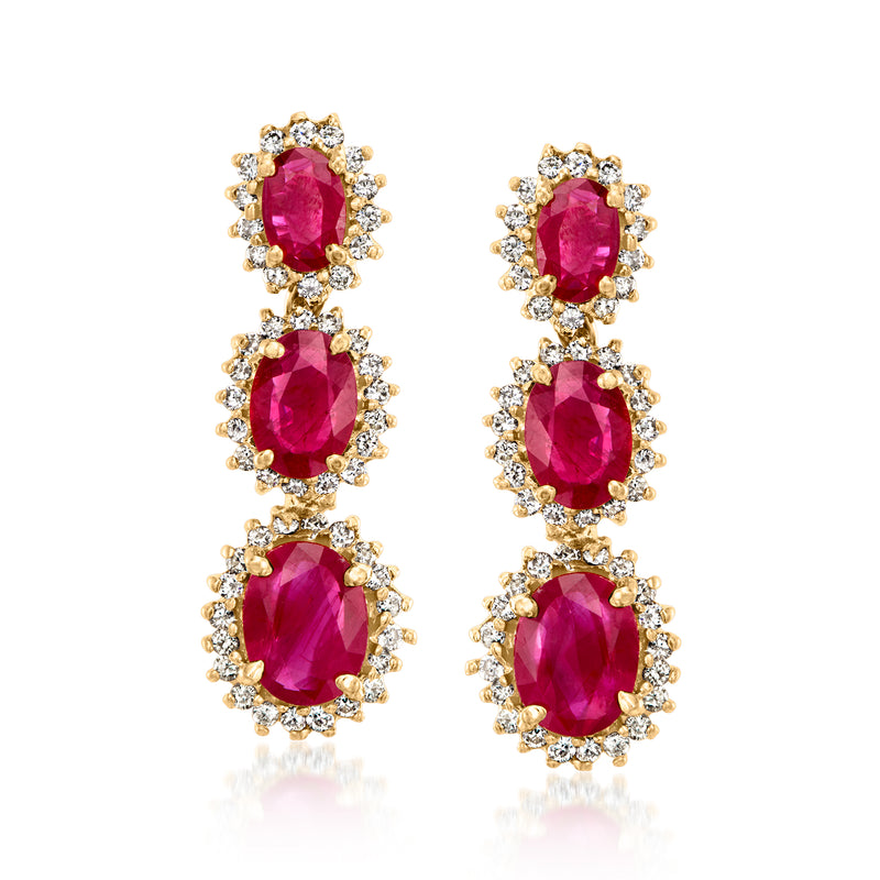 14kt yellow gold ruby and diamond drop earrings, three oval rubies with diamond halos