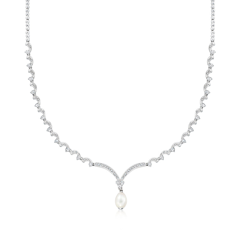 Cultured pearl drop necklace with diamond accents in 18k white gold, Y-shaped chain