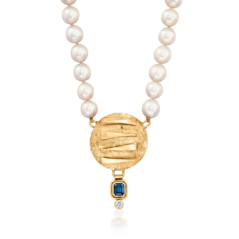 14kt yellow gold pearl necklace with round sapphire and diamond-set bar pendant
