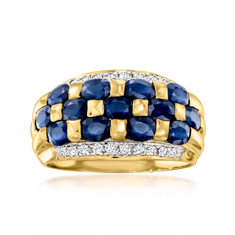 Vintage 14kt yellow gold ring with oval blue sapphires and diamond band detail