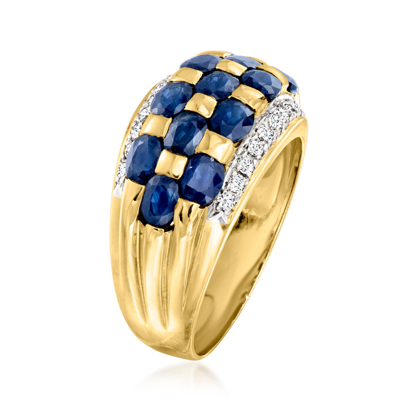 Vintage 14kt yellow gold sapphire and diamond ring, side view with square blue stones