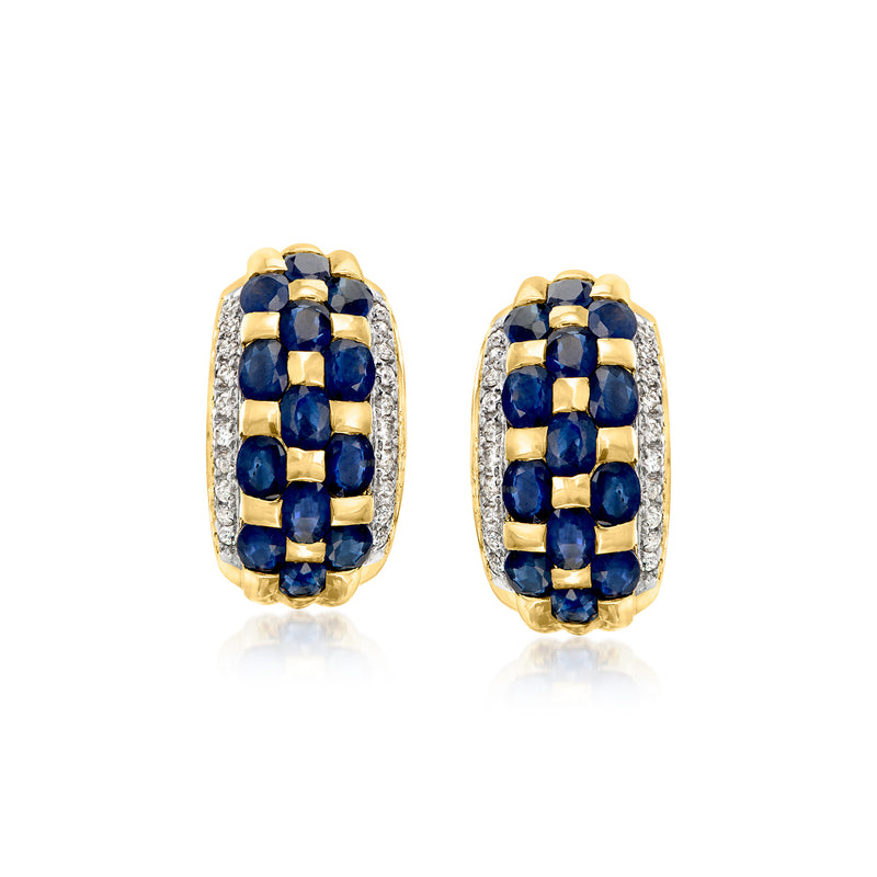 14kt yellow gold curved hoop earrings with dark blue sapphire and diamond accents