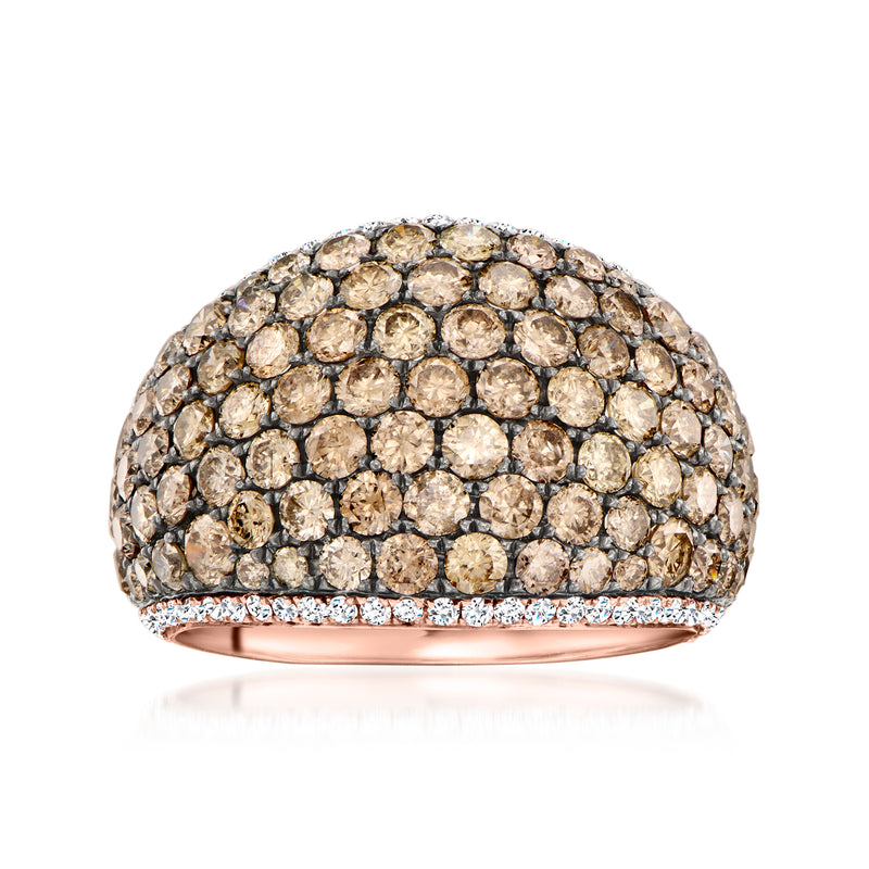 Pave diamond dome ring with dark champagne and clear stones, rose-gold band