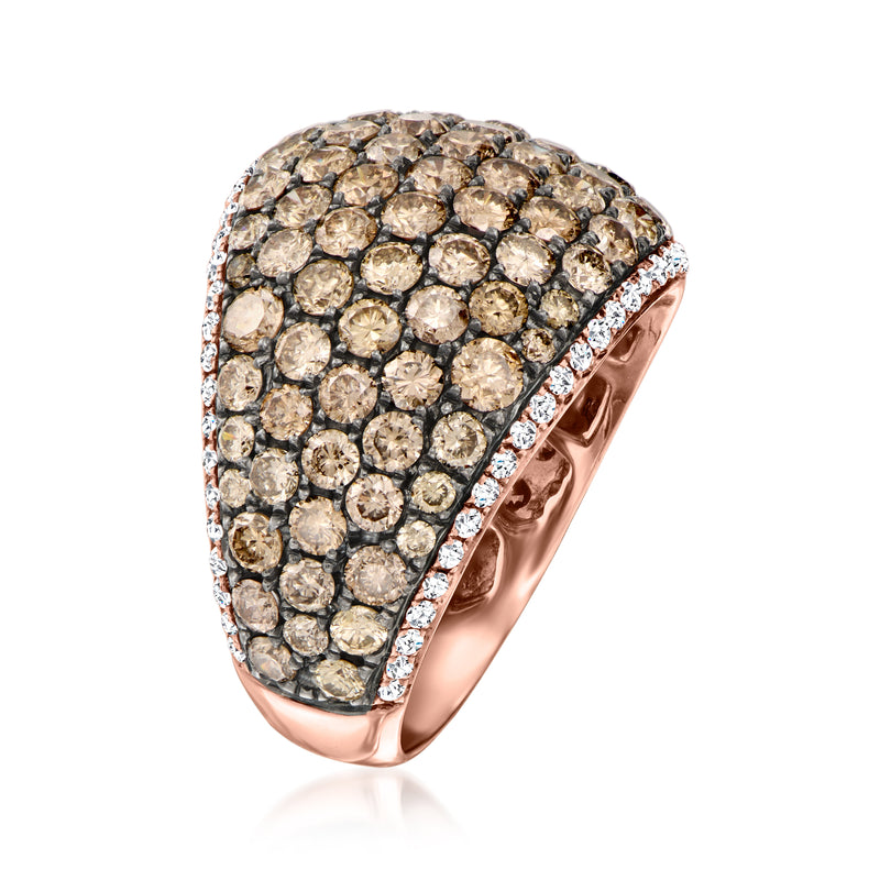 Side-view pave diamond oval ring with rose-gold band and bezel-set sparkle border