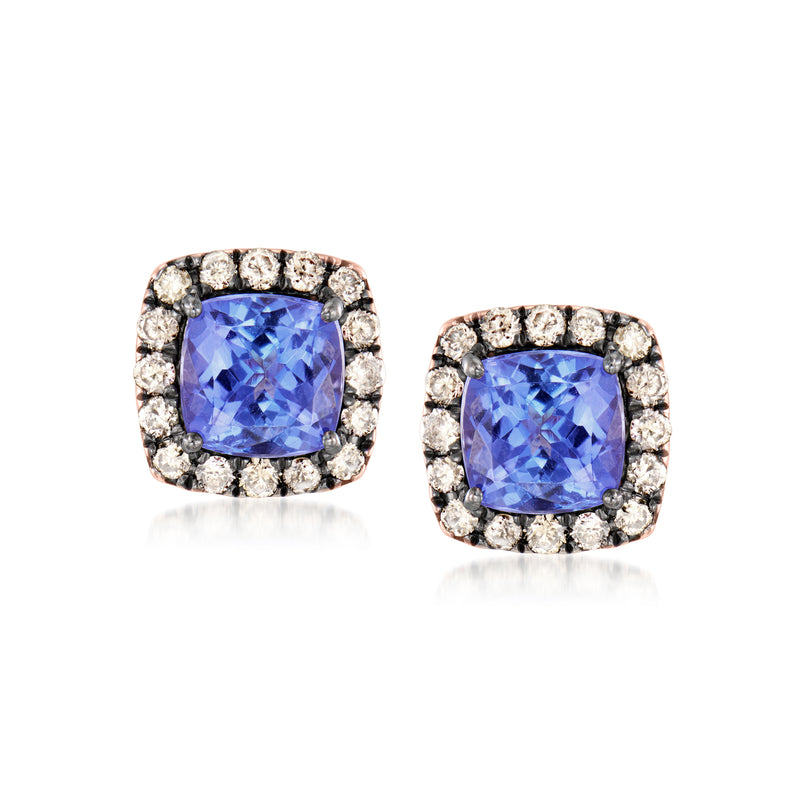 Blue cushion-cut gemstone stud earrings with diamond halo, rose gold posts