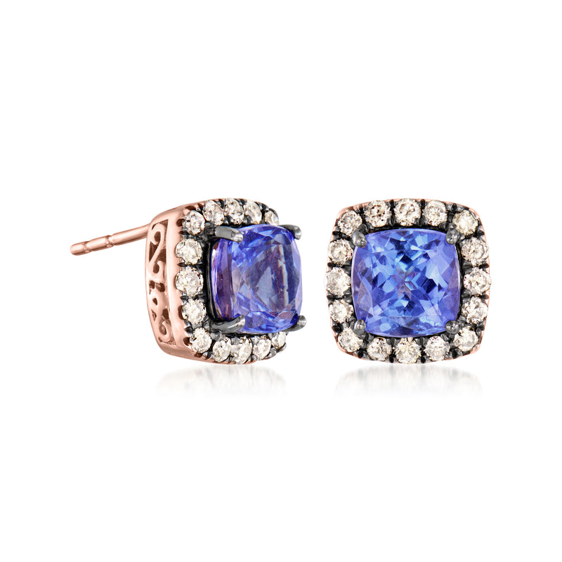 Rose gold stud earrings with blue cushion-cut stone and diamond halo, post view