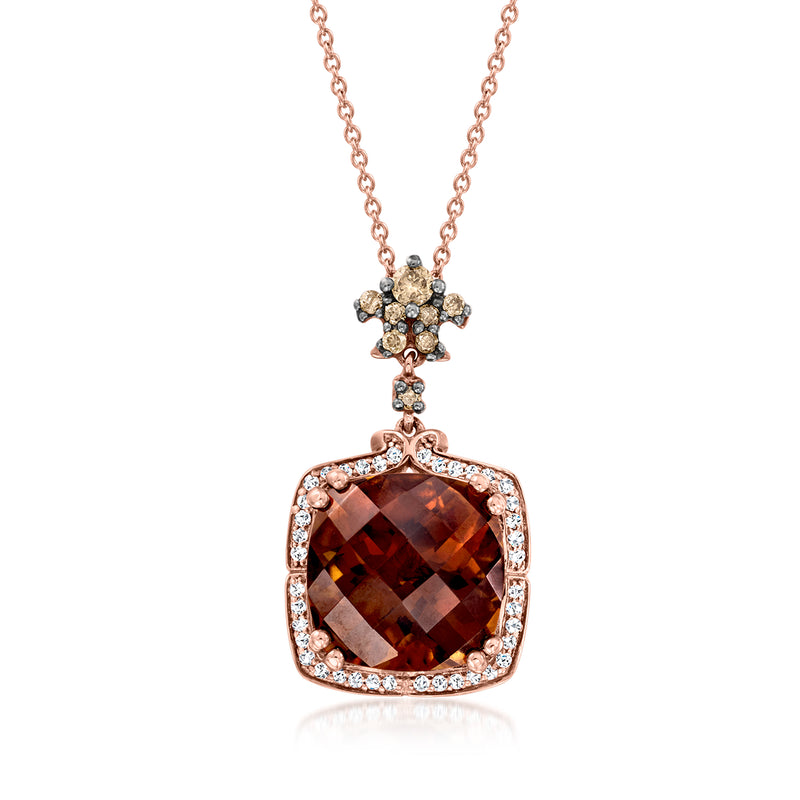 Rose gold pendant necklace with flower cap and large cushion-cut caramel quartz
