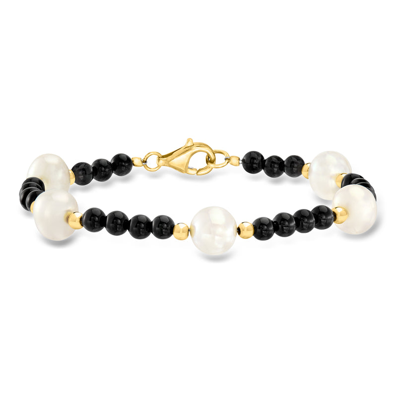 Cultured pearl and onyx bead bracelet with 18kt gold over sterling clasp