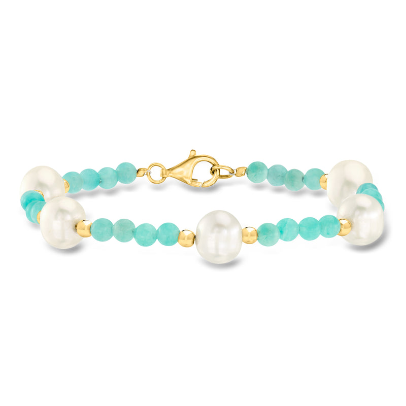 Cultured pearl and amazonite bead bracelet with gold clasp and round bead strands