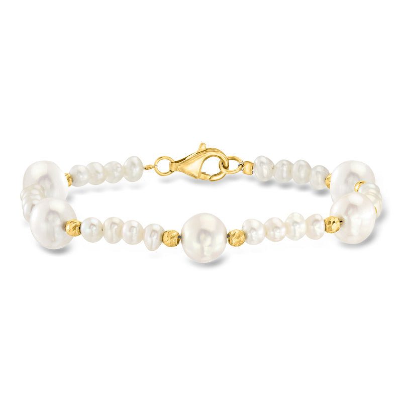 Cultured pearl station bracelet with gold clasp and round pearl beads