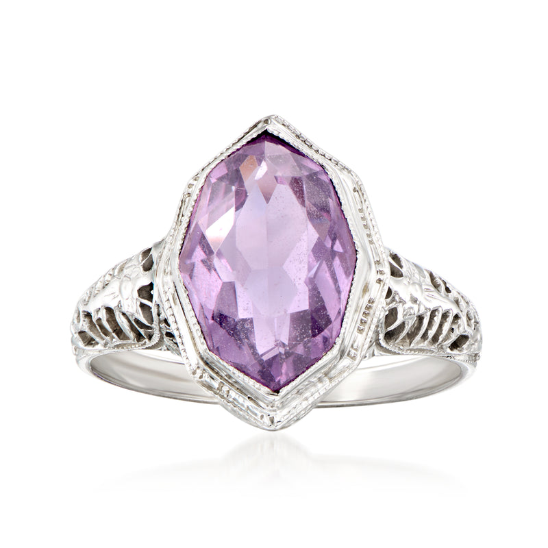 Vintage amethyst ring in 14kt white gold, oval purple gemstone with filigree setting