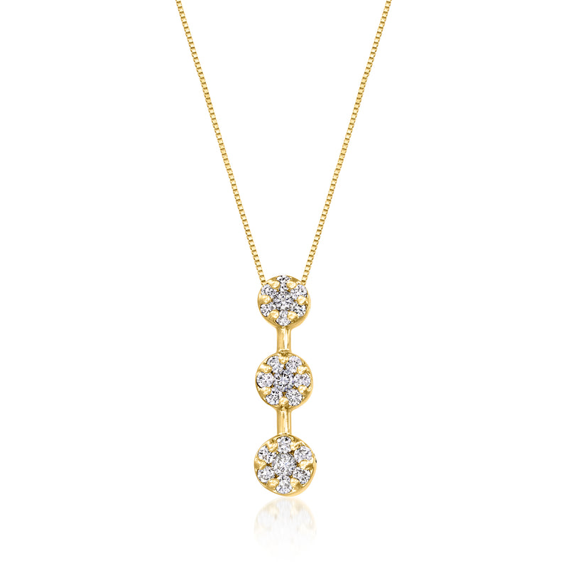 14kt yellow gold three-cluster round diamond pendant necklace with three glowing stones