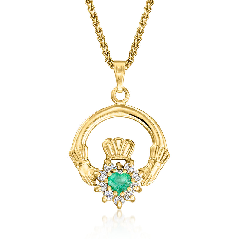 Vintage yellow gold claddagh pendant necklace with green emerald and diamond accents