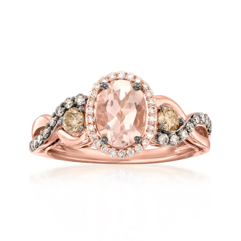 Peach oval morganite ring in rose gold with pave diamond accents and halo
