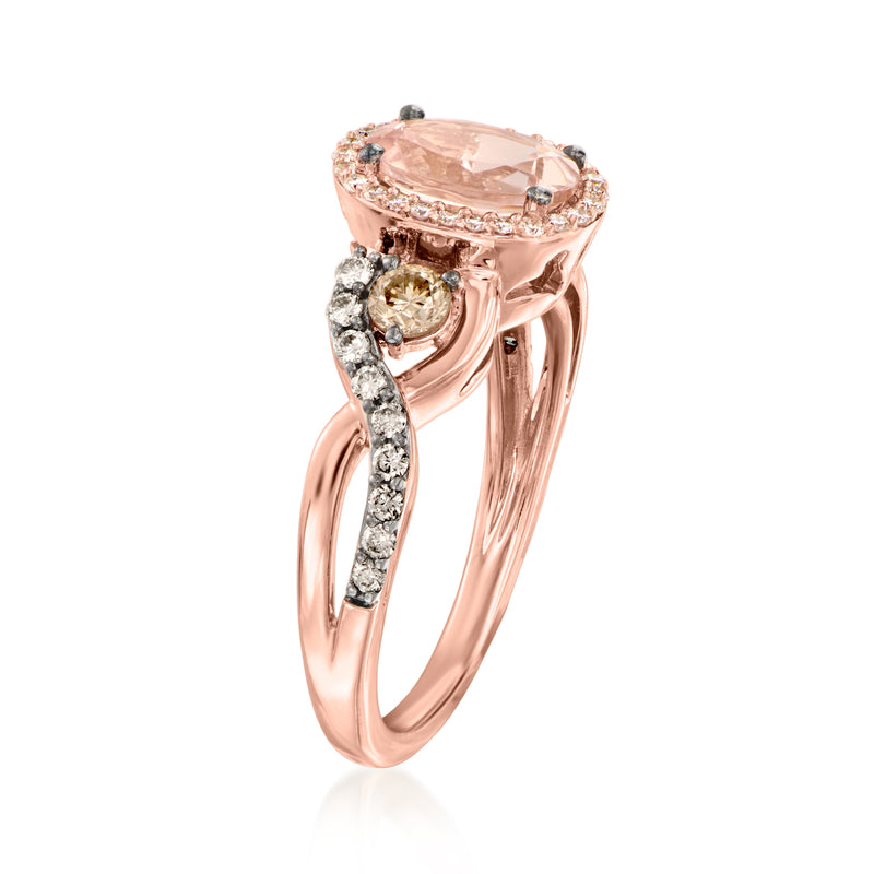 Rose gold oval morganite cocktail ring with pave diamond band and curved side stones