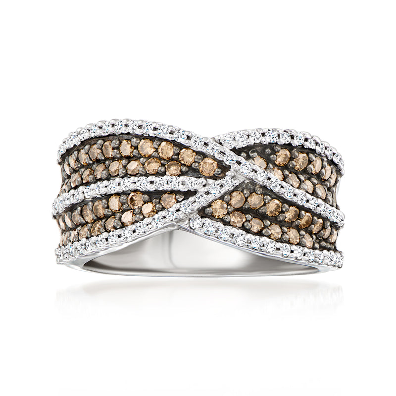 Crisscross diamond stack ring with chocolate and white stones, 14kt gold band
