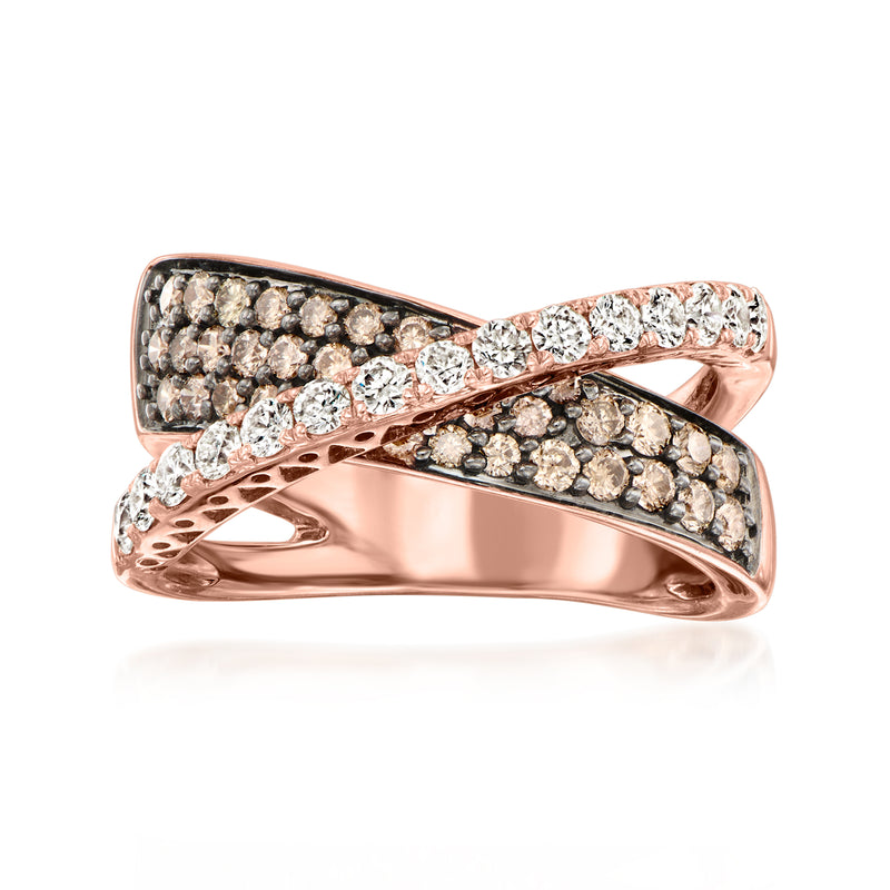 Rose gold diamond crossover ring with chocolate and white stone rows