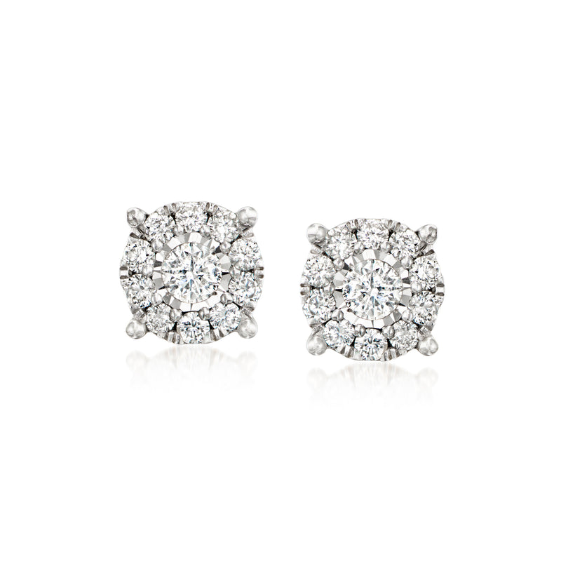 Round diamond cluster stud earrings in white gold with sparkling center stone