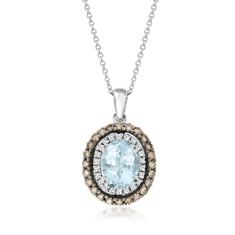 Aquamarine halo pendant necklace with oval blue stone and diamond accents, silver chain