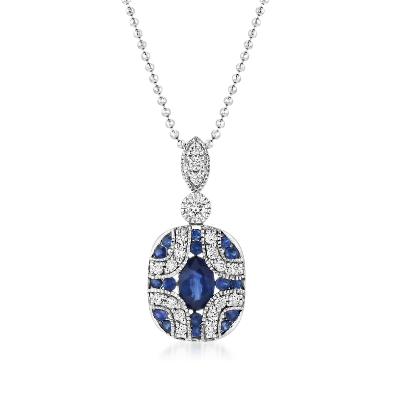 14kt white gold pendant necklace with blue sapphire and diamond halo