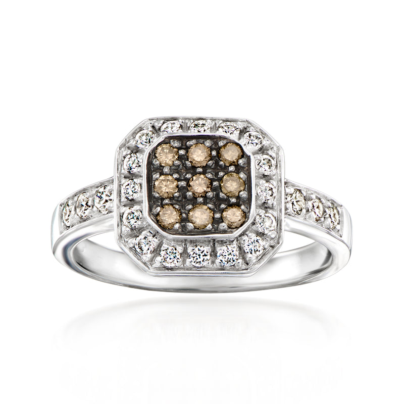 Square halo diamond ring with mixed brown and white stones in a split-shank setting