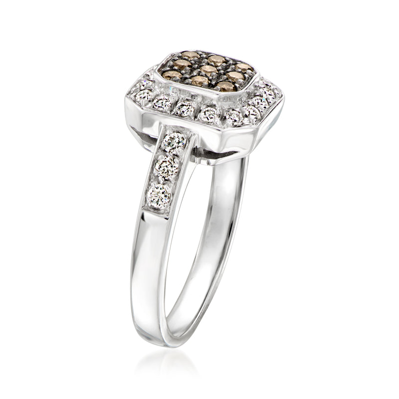 Square cluster diamond ring with prong-set mixed brown and white stones, side view