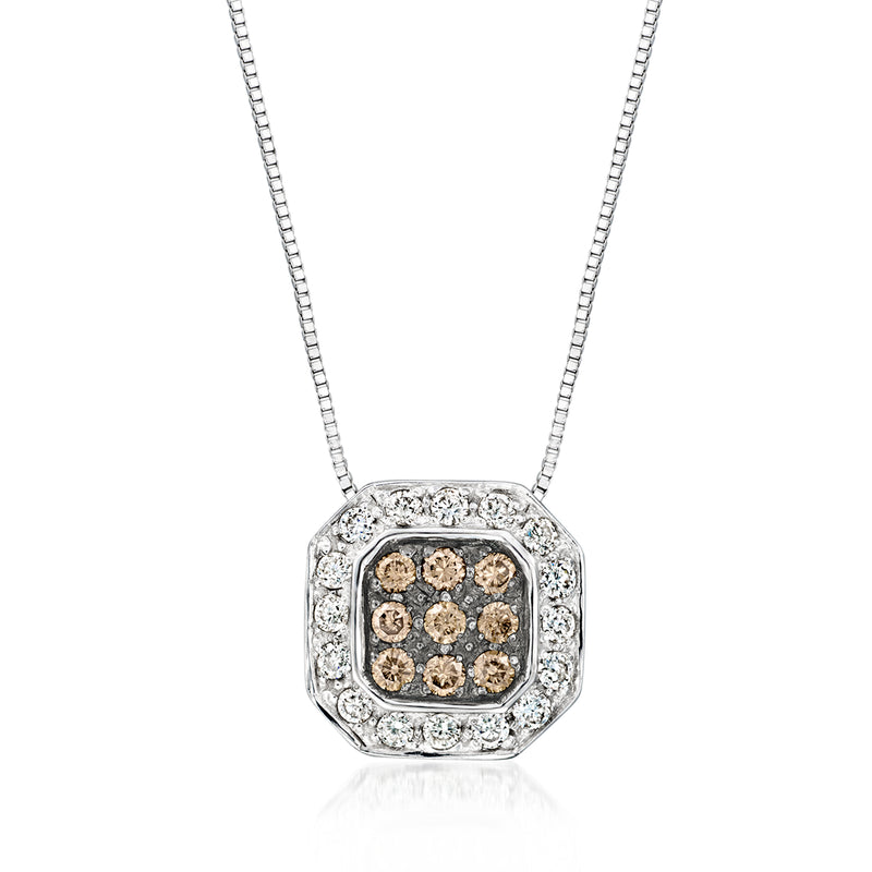 14kt vanilla gold diamond pendant necklace, square chocolate and white halo