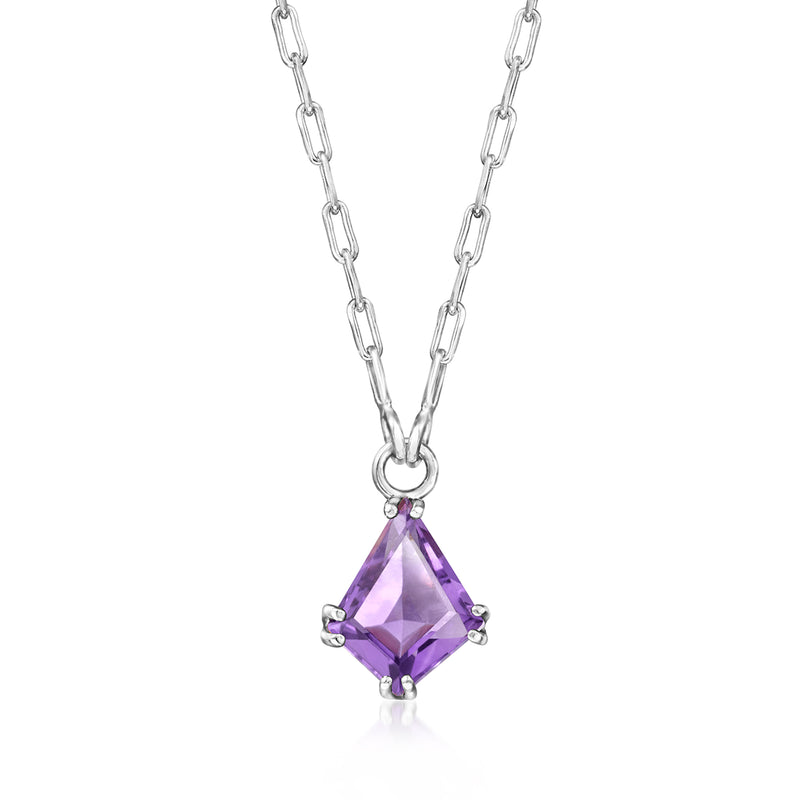 Sterling silver chain necklace with kite-shaped purple amethyst pendant